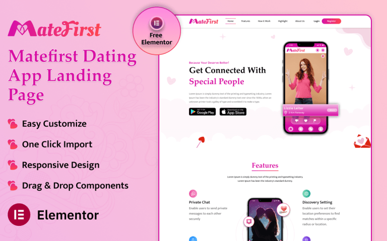 Matefirst Dating App Landing Page Elementor Kit Matefirst Dating App Landing Page Elementor Kit - Image 1
