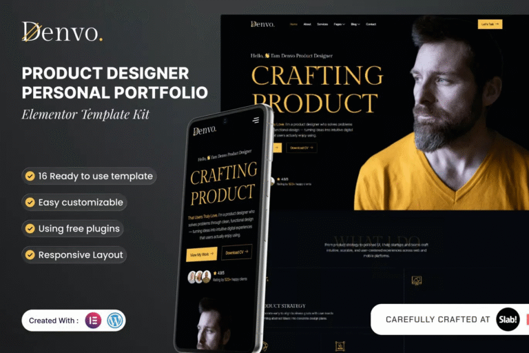 Denvo - Kit de Plantillas Elementor para Portafolios Personales de Diseñadores de Productos