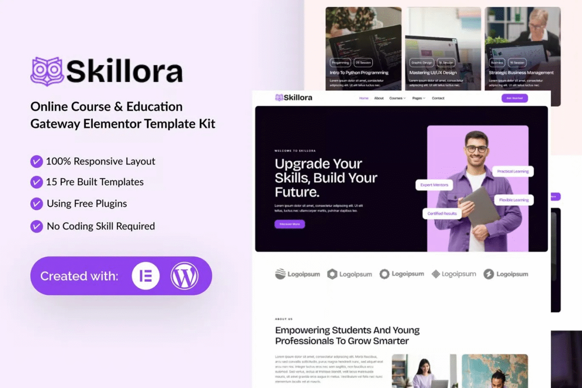 Skillora - Kit de Plantillas Elementor para Cursos Online y Portal de Educación